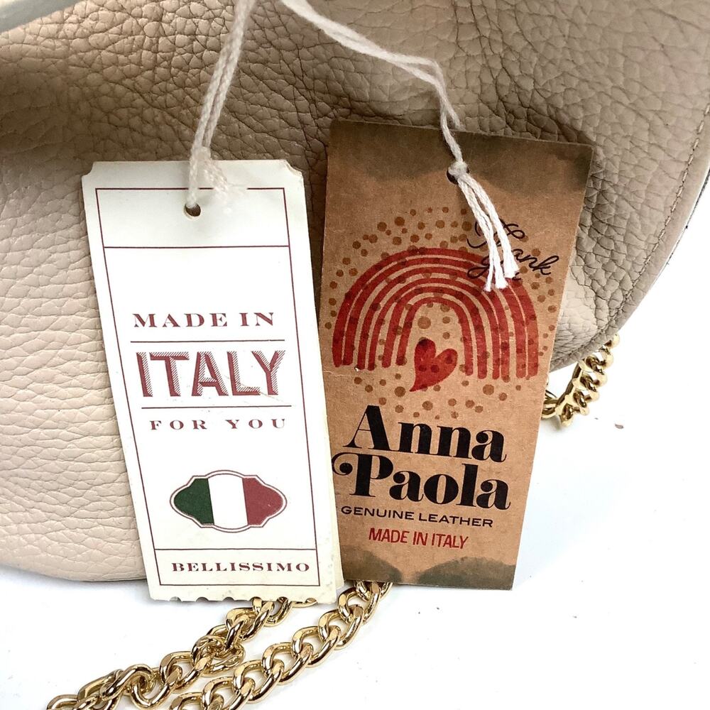 NWT Anna Paola Italian Genuine Leather Bucket Bag In Prosecco Beige w/Chain NEW - Picture 7 of 7